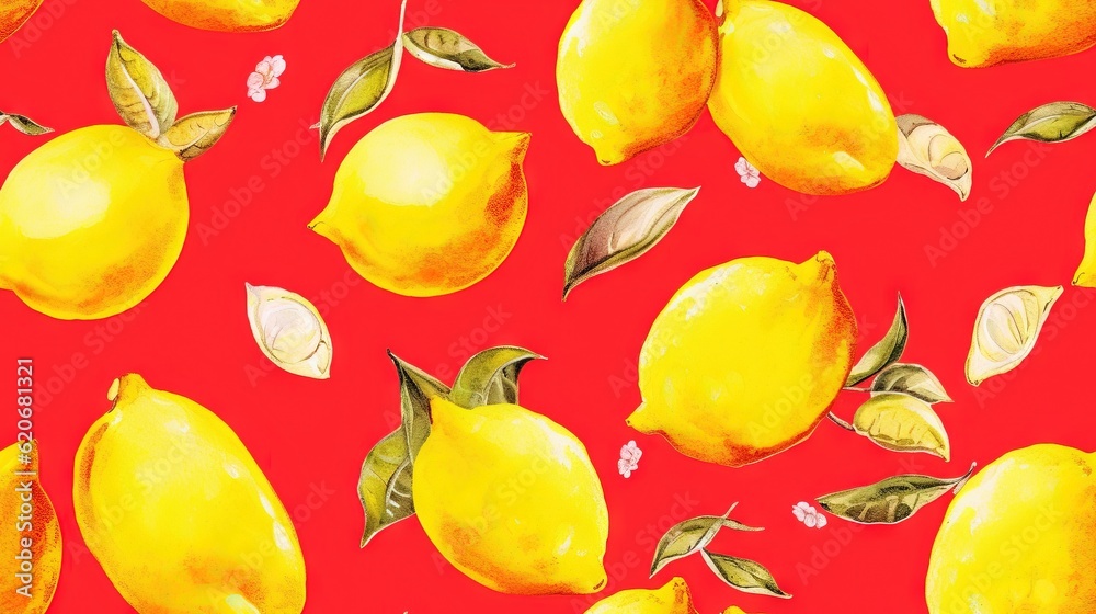  a painting of a bunch of lemons on a red background with leaves and flowers on the bottom half of t