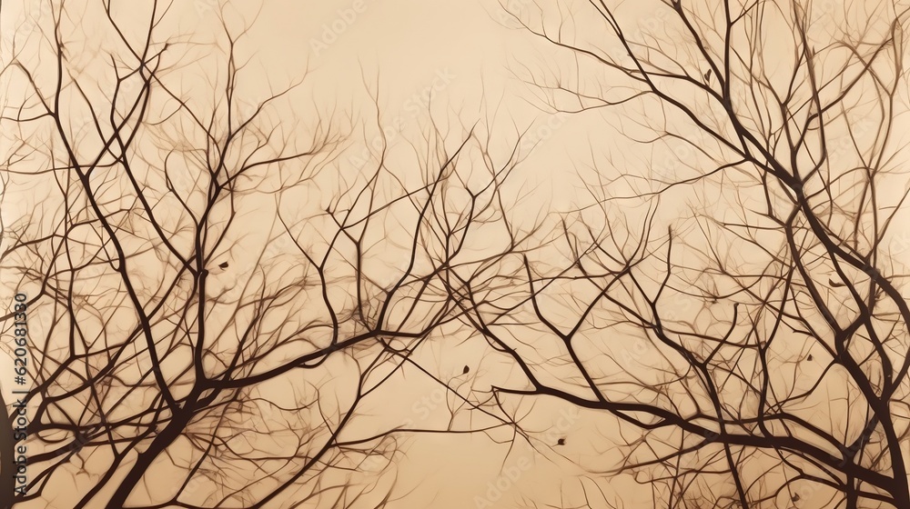  a tree with no leaves and no leaves on it, with a bird in the distance in the middle of the branche