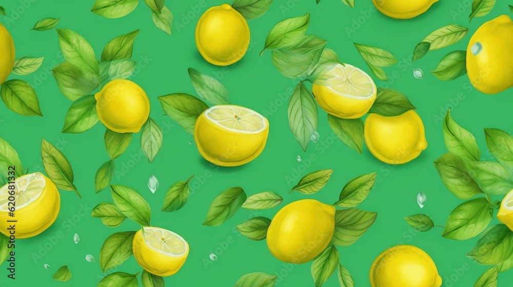  a pattern of lemons and leaves on a green background with water drops and drops of water on the lea