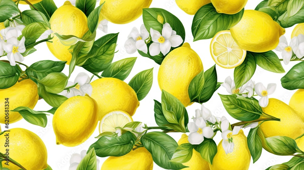  a bunch of lemons with leaves and flowers on a white background with white flowers and green leaves