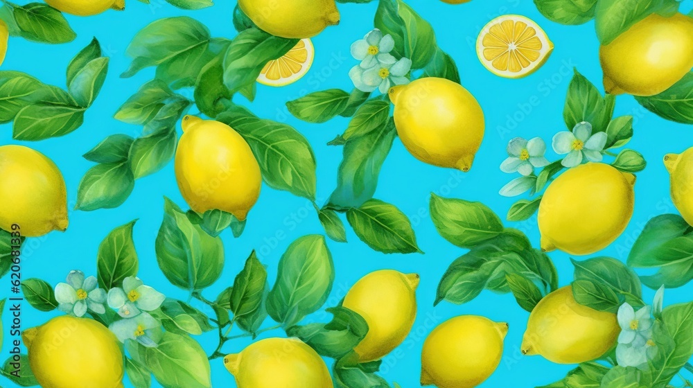  a painting of lemons and leaves on a blue background with white flowers and green leaves on the bra