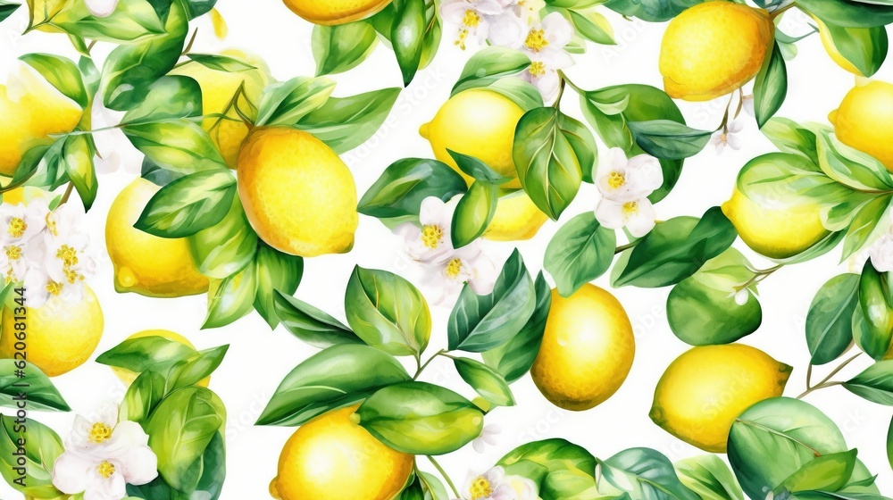  a watercolor painting of lemons and flowers on a white background with green leaves and white flowe