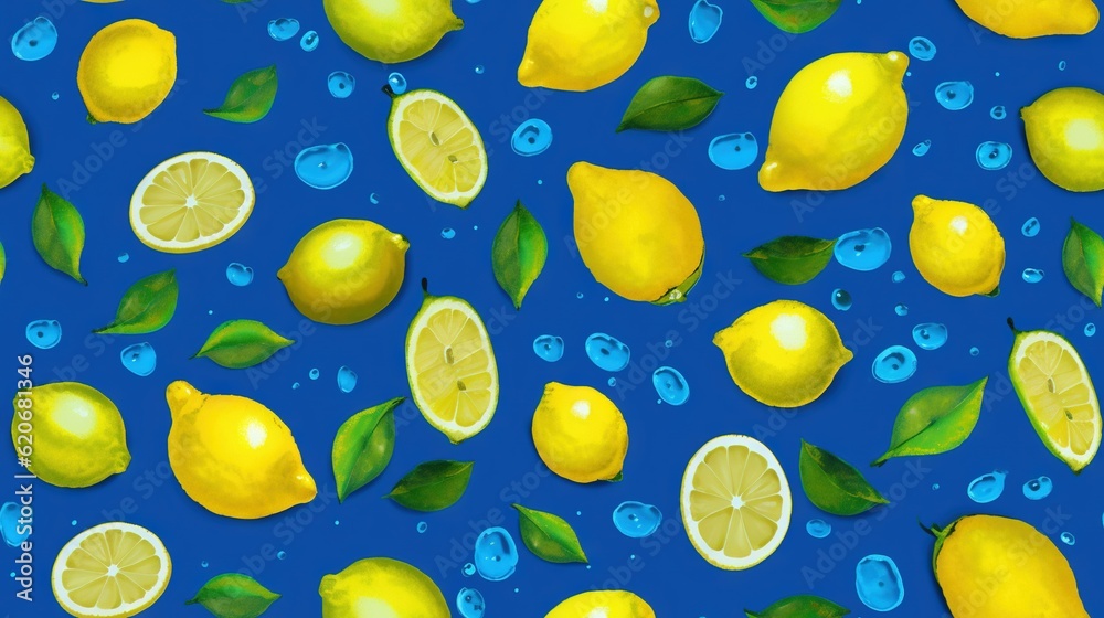  a painting of lemons and lemons with leaves and bubbles on a blue background with a blue background