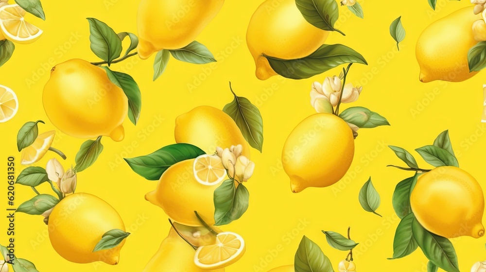  a bunch of lemons with leaves and flowers on a yellow background with the word lemon written in the