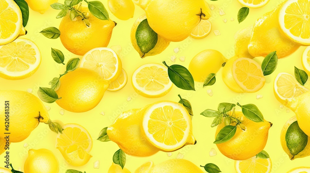  a lot of lemons with green leaves on a yellow background with water droplets and drops of water on 