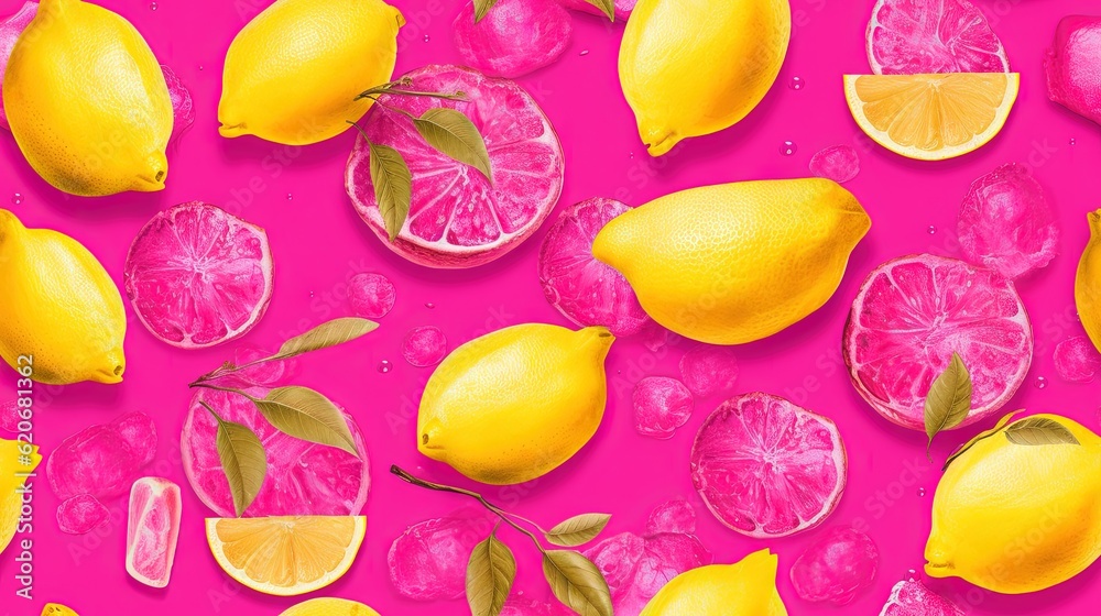  a bunch of lemons and limes on a pink background with leaves and water droplets on the top of the l