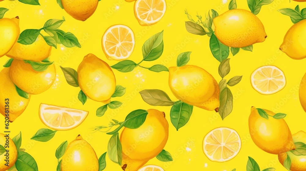  a painting of lemons and limes with leaves on a yellow background with stars and sparkles on the to