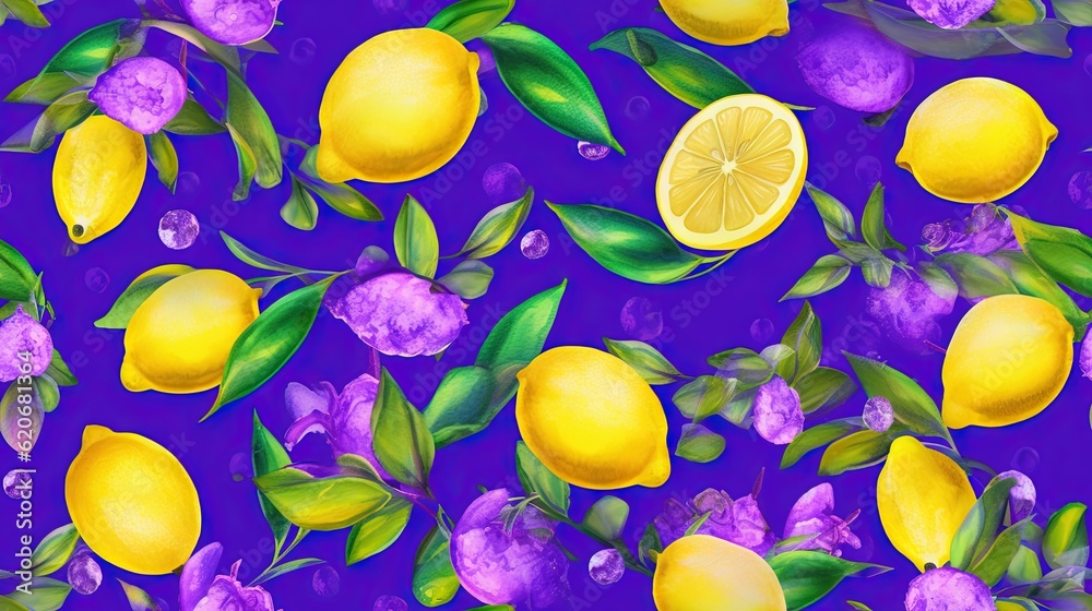  a painting of lemons and purple flowers on a purple background with green leaves and flowers on the