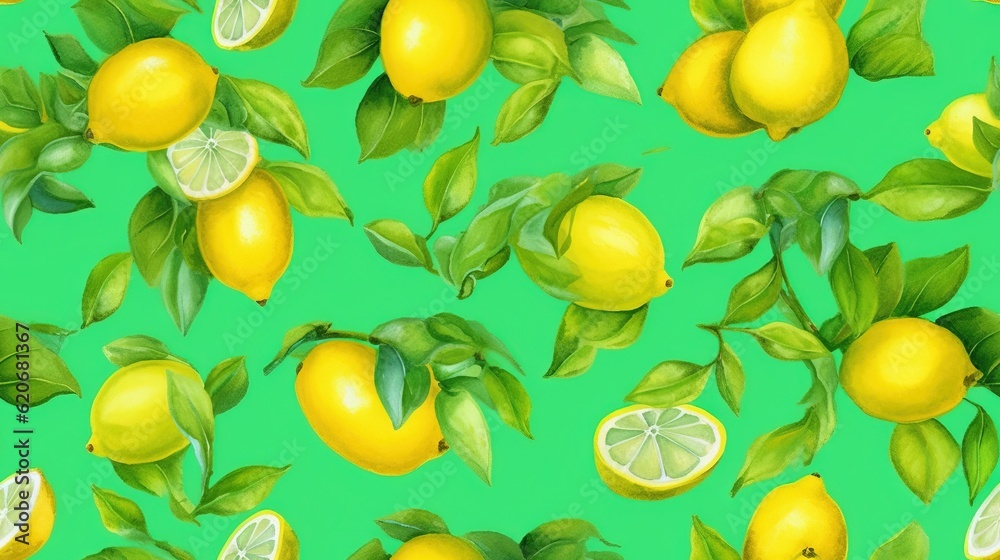  a painting of lemons and limes with leaves on a green background with a green background and a gree