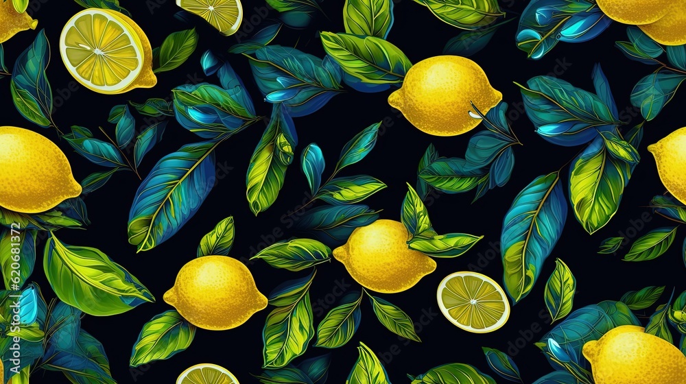  a painting of lemons and leaves on a black background with blue and green leaves and a black backgr