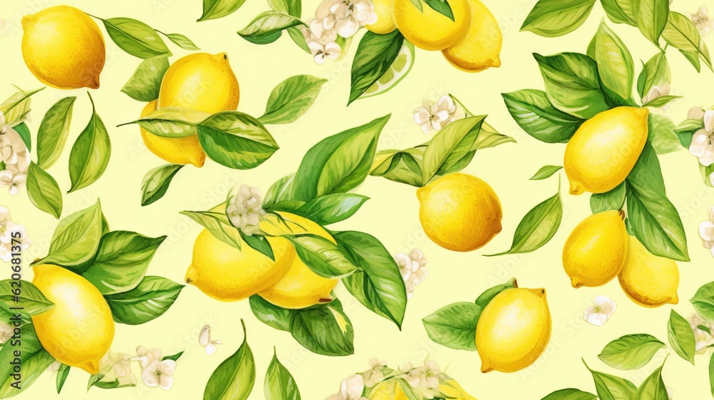  a painting of lemons with leaves and flowers on a yellow background with white flowers and green le