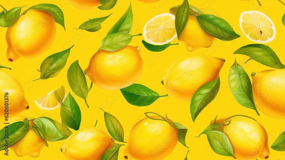  a bunch of lemons with leaves on a yellow background with green leaves and lemons on the side of th