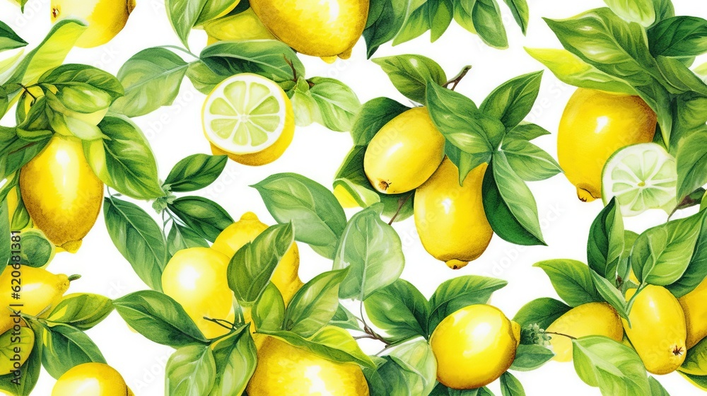  a painting of a lemon tree with leaves and lemons on a white background with green leaves and a lem