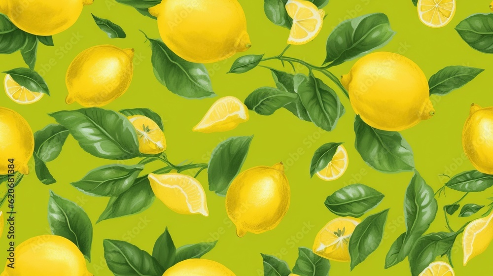  a painting of lemons and leaves on a lime green background with green leaves and yellow lemons on a