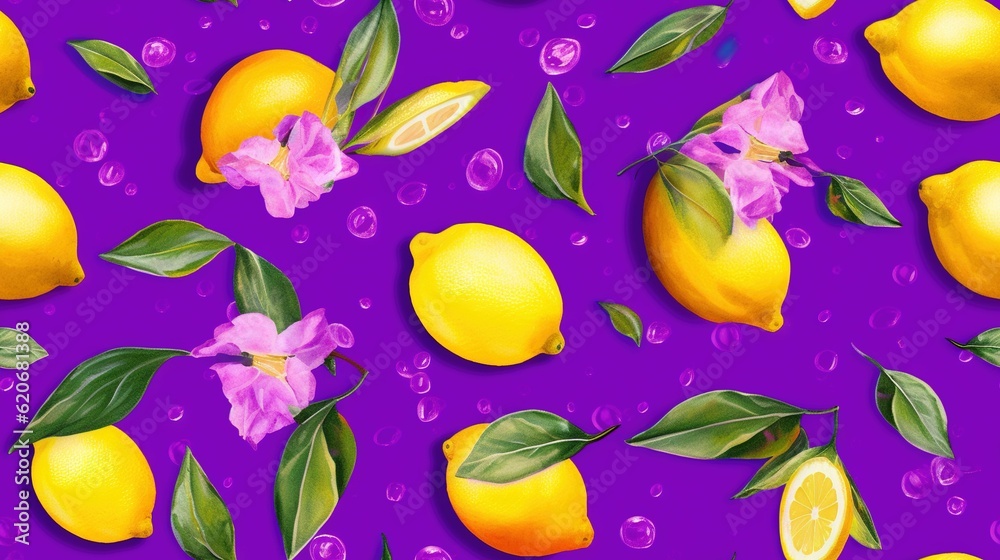  a purple background with lemons, flowers and leaves on a purple background with bubbles and drops o