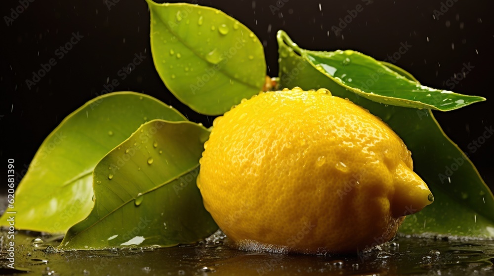  a lemon with a leaf on a wet surface with water droplets on the surface and on the leaves, it appea