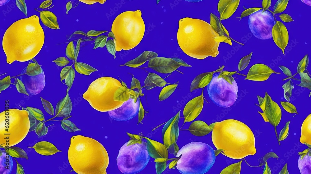  a painting of a bunch of lemons on a purple background with leaves and flowers on it, with a blue b