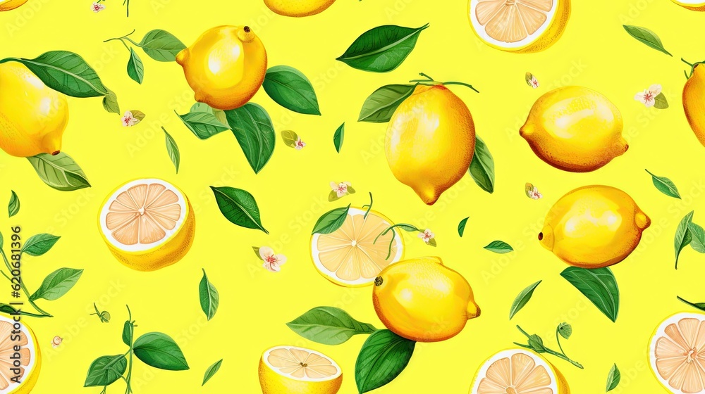  a painting of lemons with leaves and flowers on a yellow background with leaves and flowers on the 