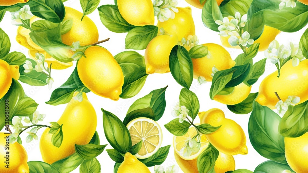  a bunch of lemons with leaves and flowers on a white background with a white flower and green leave