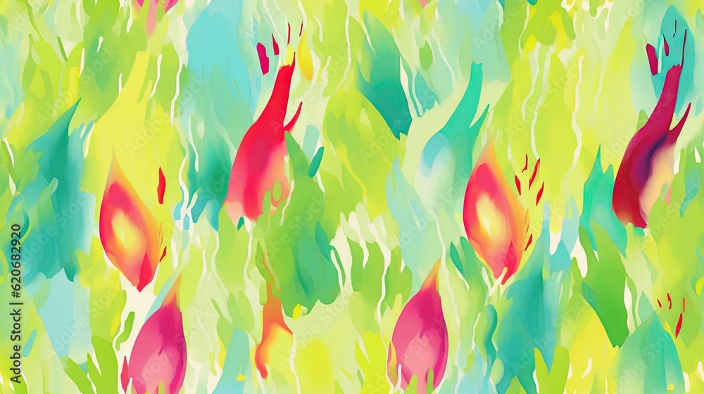  a painting of a bunch of leaves on a green and blue background with red and green colors on it, and