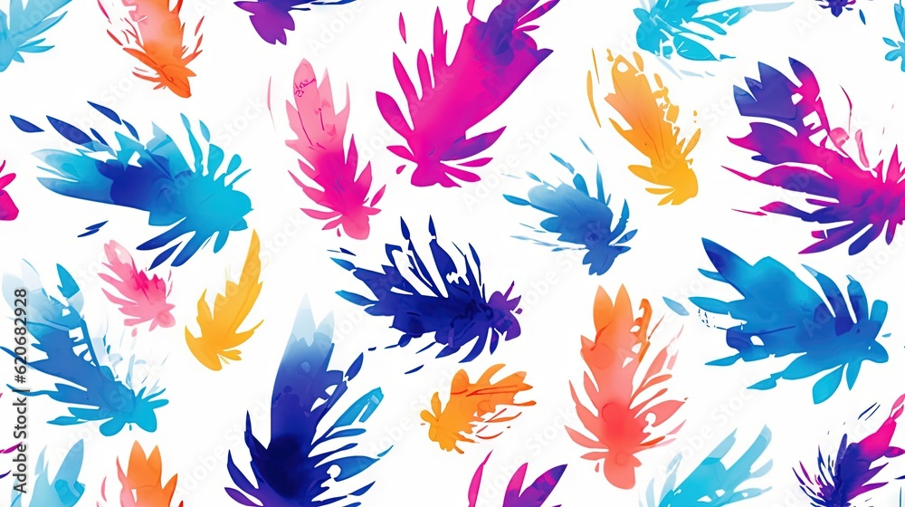  a pattern of colorful feathers on a white background with blue, red, yellow, and green feathers on 