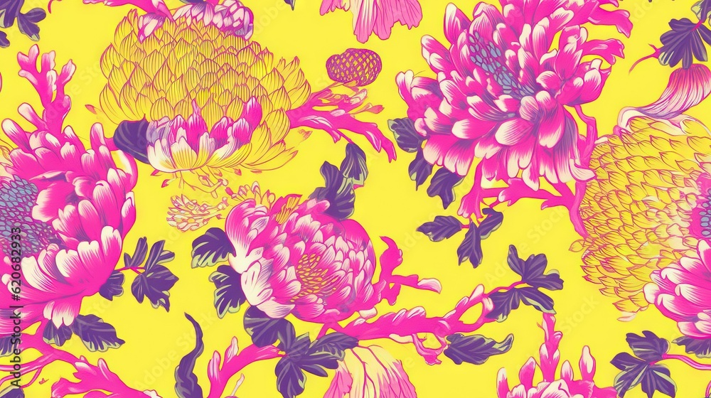  a yellow background with pink and yellow flowers and leaves on the bottom of the image is a yellow 