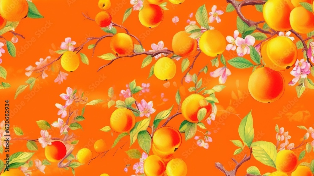  a pattern of oranges with leaves and flowers on an orange background with pink flowers and green le