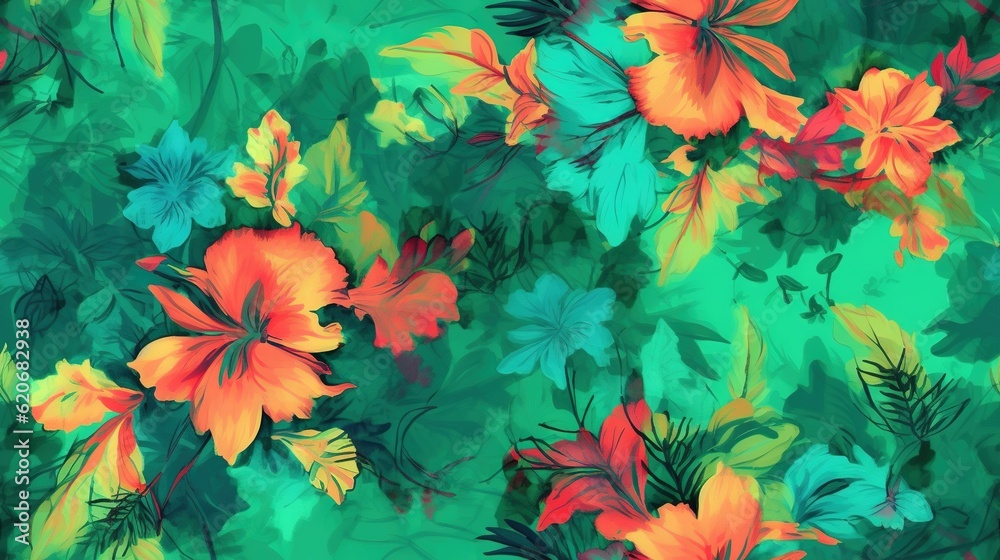  a green background with orange and red flowers on its sides and leaves on the bottom of the image 