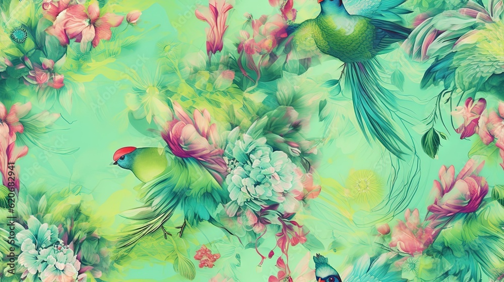  a green and pink floral wallpaper with a bird and flowers on a green background with a blue sky in 