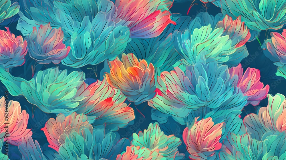  a bunch of flowers that are on a blue background with red and green flowers in the middle of the pi