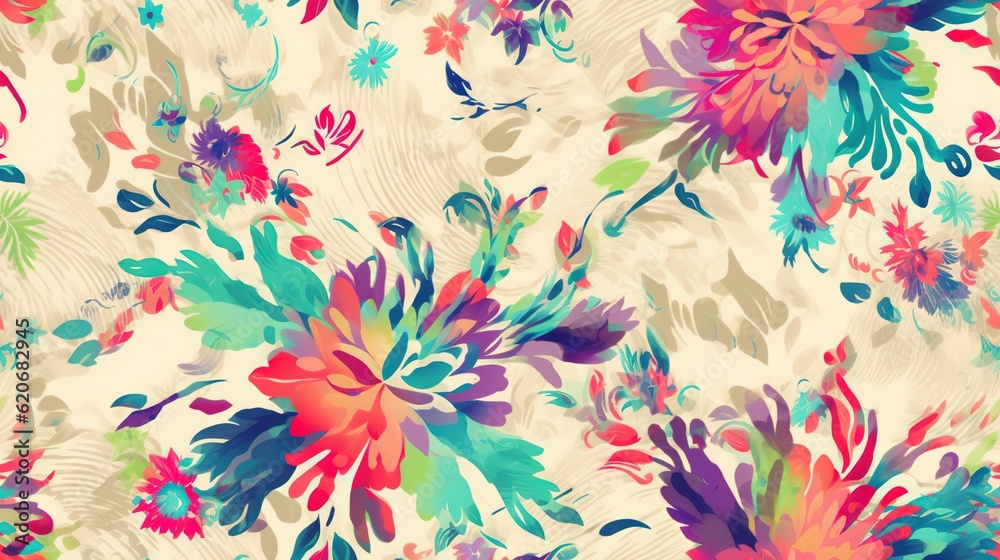  a colorful floral pattern on a white background with a blue, red, green, and pink flower on the lef