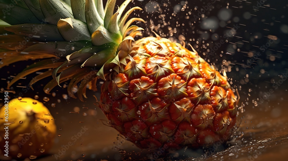  a pineapple and a banana are splashing in the water on a table with drops of water on the surface a