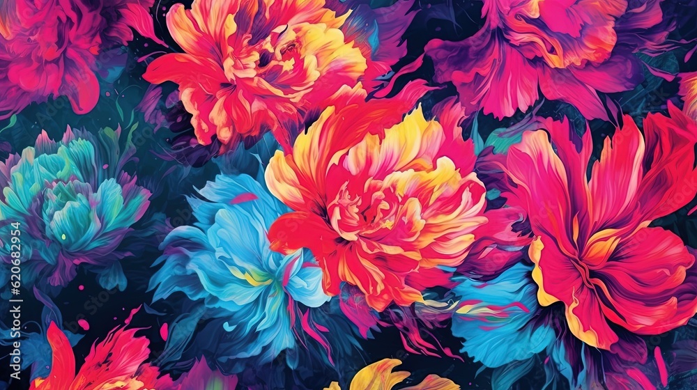  a bunch of flowers that are in the air with paint on them and a black background with red, yellow, 