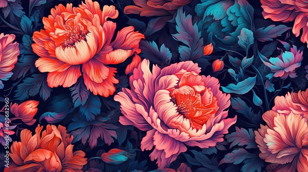  a bunch of flowers that are on a wallpaper pattern in pink, blue, and red colors with leaves and fl