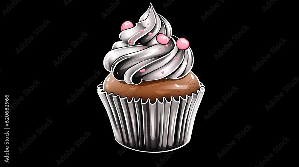  a chocolate cupcake with white frosting and pink sprinkles on a black background with a black backg