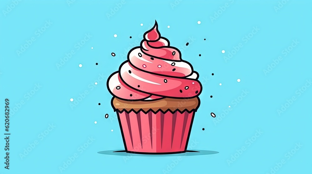  a cupcake with pink frosting and a candle on top of it, on a blue background, with a sprinkle of pi