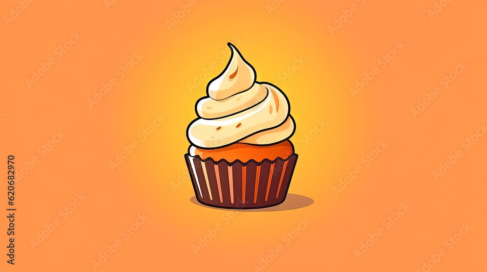  a cupcake with a white frosting on top of it on an orange background with a shadow of the cupcake o