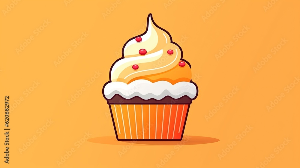  a cupcake with white frosting and sprinkles on top of it on an orange background with a shadow of t