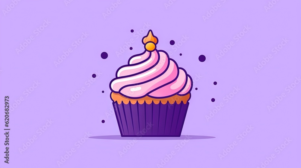  a cupcake with a candle on top of it on a purple background with bubbles around it and a star on th