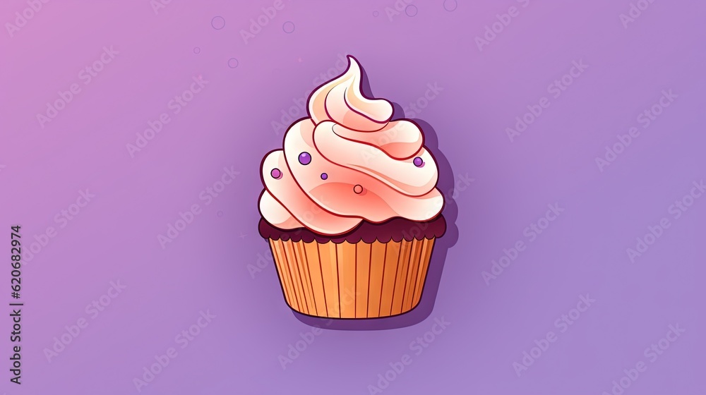  a cupcake with white frosting on a purple background with bubbles of water around it and a purple b