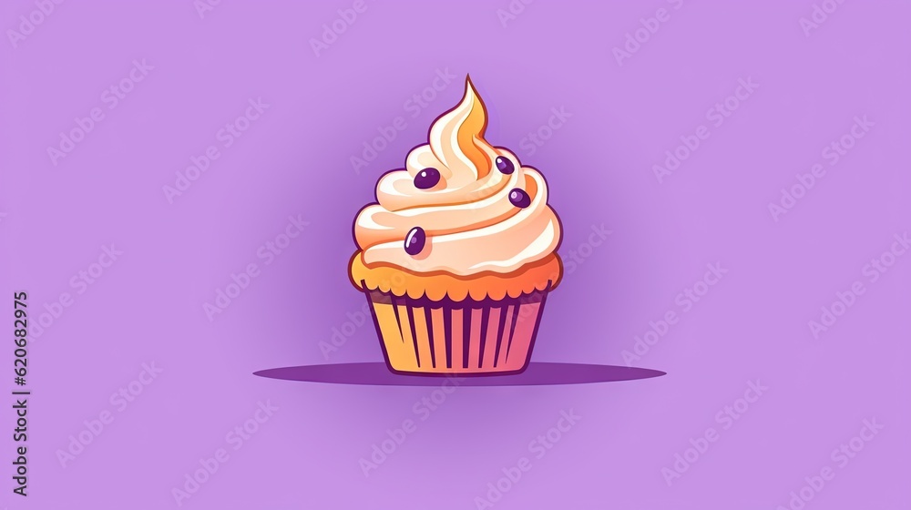  a cupcake with white frosting and sprinkles on a purple background with a shadow on the bottom of t