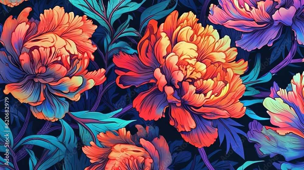  a bunch of colorful flowers on a black background with leaves and flowers in the middle of the pict