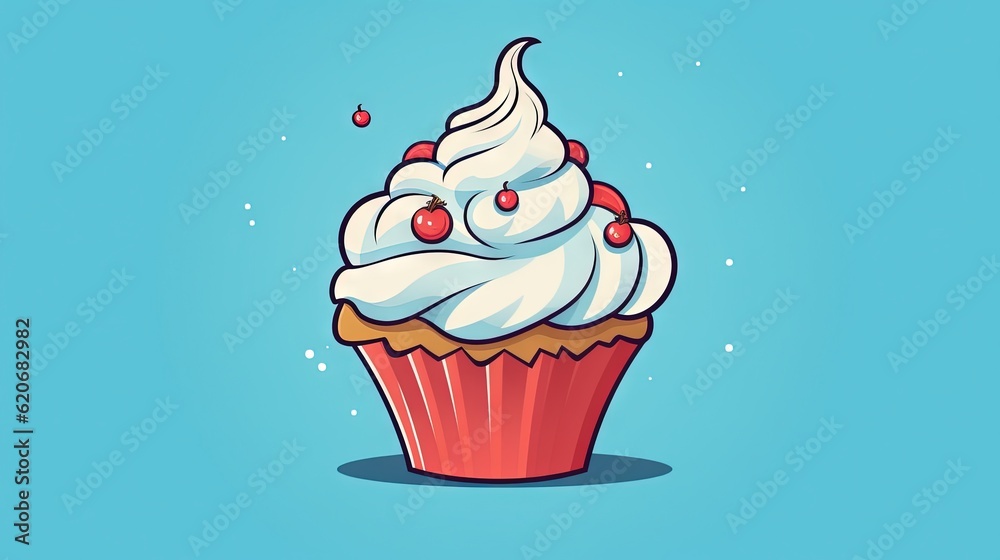  a cupcake with white frosting and cherries on top of it, on a blue background with a sprinkle of ic