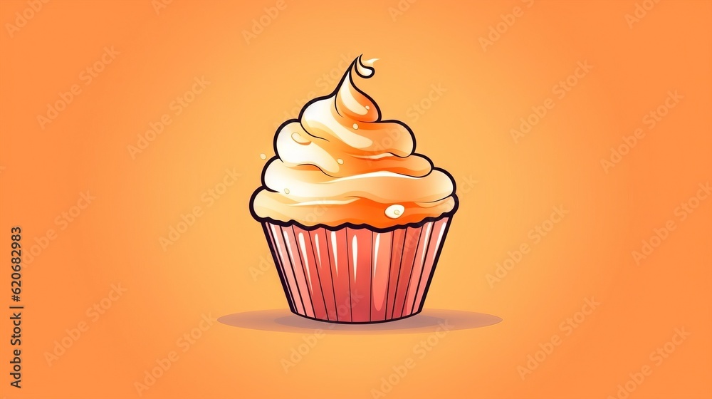  a cupcake with white frosting and a sprinkle of icing on top of it on an orange background with an 