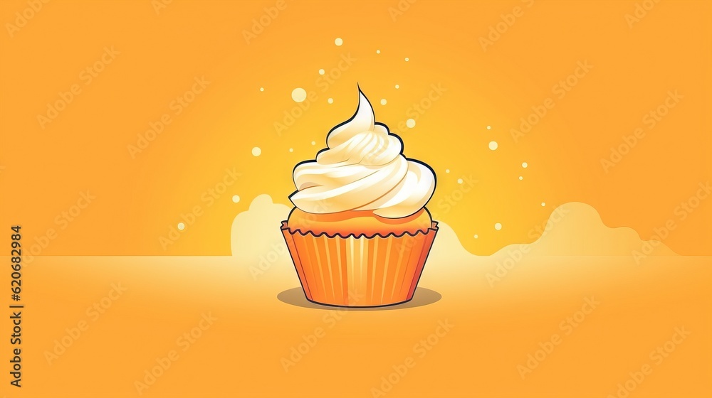  a cupcake with white frosting on a yellow background with bubbles and bubbles on the bottom of it, 