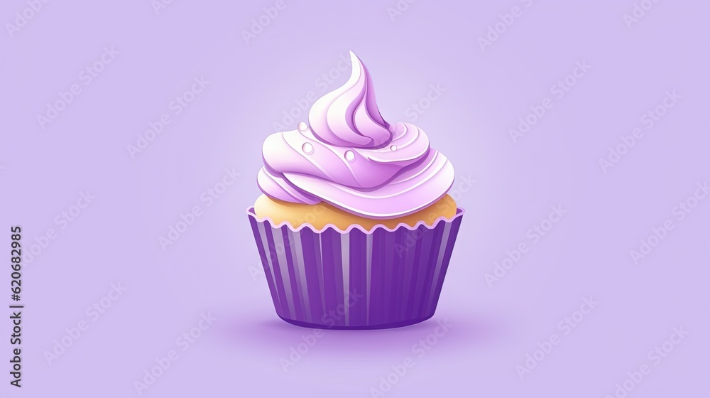  a purple cupcake with white frosting on top of it on a purple background with a shadow of the cupca