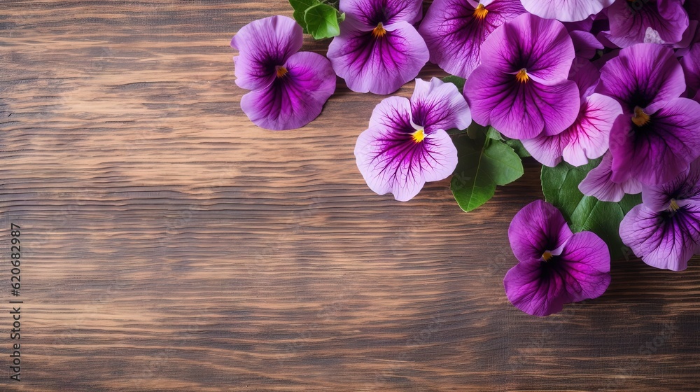  a bunch of purple flowers on a wooden table with green leaves and a purple flower in the middle of 