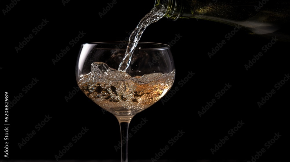  a glass of wine being poured into a wine glass with a black back ground and a black back ground wit