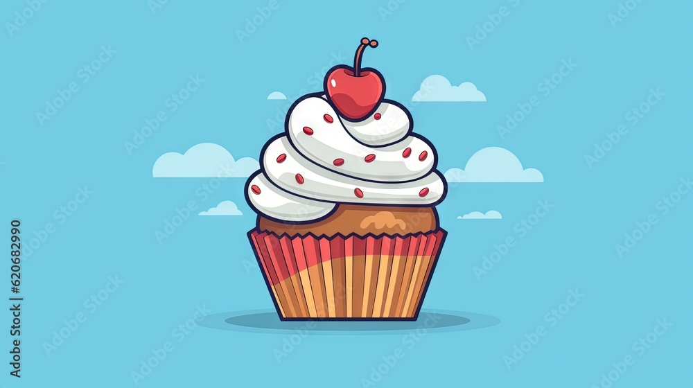  a cupcake with a cherry on top of it on a blue background with clouds and a cherry on top of the to