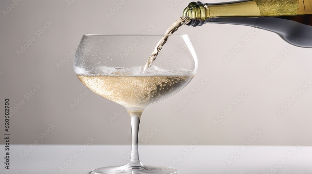  a bottle of wine being poured into a glass of white wine on a white tablecloth with a white backgro